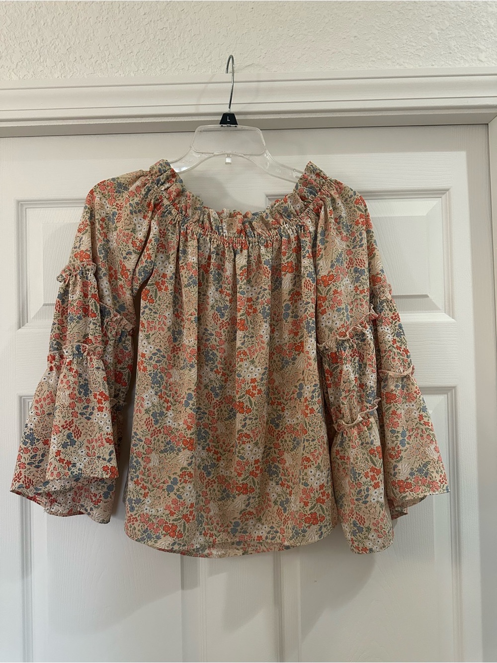 Boho Floral Off-Shoulder Peasant Top - Cream with Coral & Blue Floral